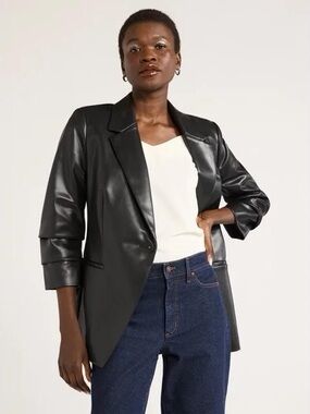 Scoop Women's Faux Leather Scrunch Sleeve One Button Blazer